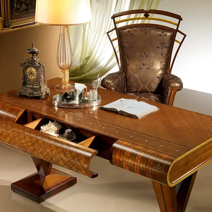 Superior Carpanelli Libro desk crafted in solid wood with precious briarwood and rosewood filleting, boasting a polished glossy finish