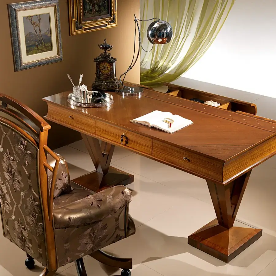 Elegant Carpanelli Libro desk crafted in solid wood with precious briarwood and rosewood filleting in a warm brown finish
