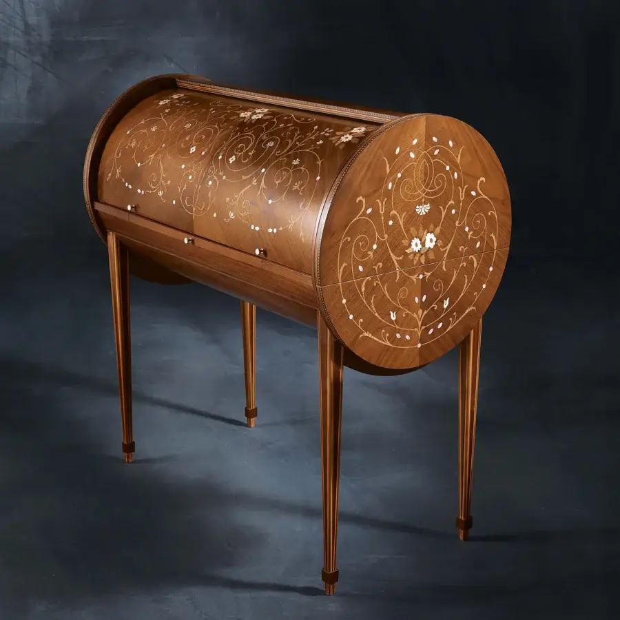 Distinguished Carpanelli Arts Desk crafted in black walnut with precious wood inlays and mother-of-pearl accents