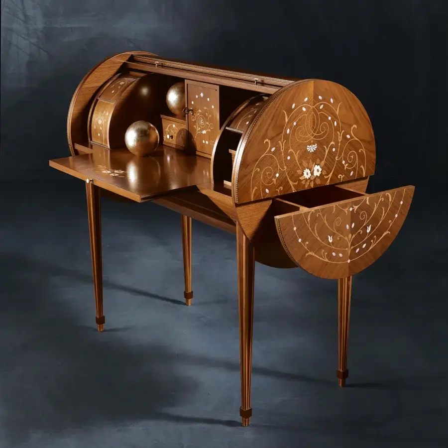 Elegant Carpanelli Arts desk crafted in black walnut with satin finish and precious wood inlays