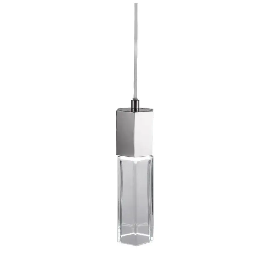 Distinguished Patrizia Garganti Chaos suspension lamp with clear glass and satin silver-toned metal creating a geometric form