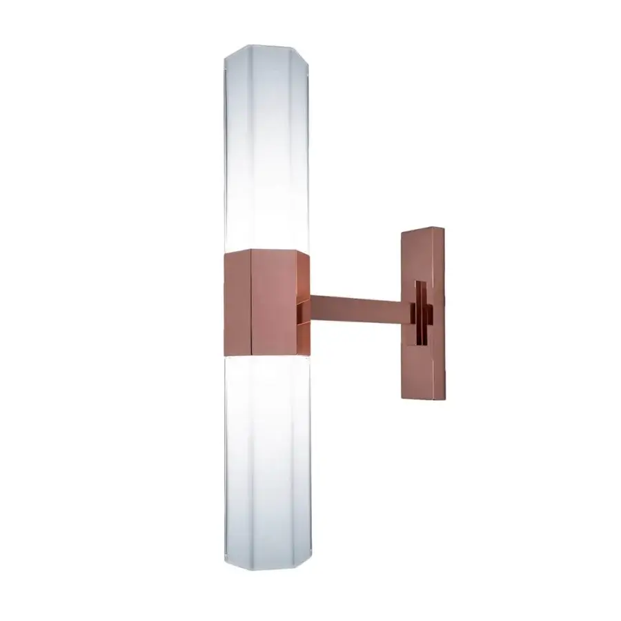 Distinguished Patrizia Garganti Chaos wall lamp with clear faceted glass and rose-gold toned metallic brackets in satin finish