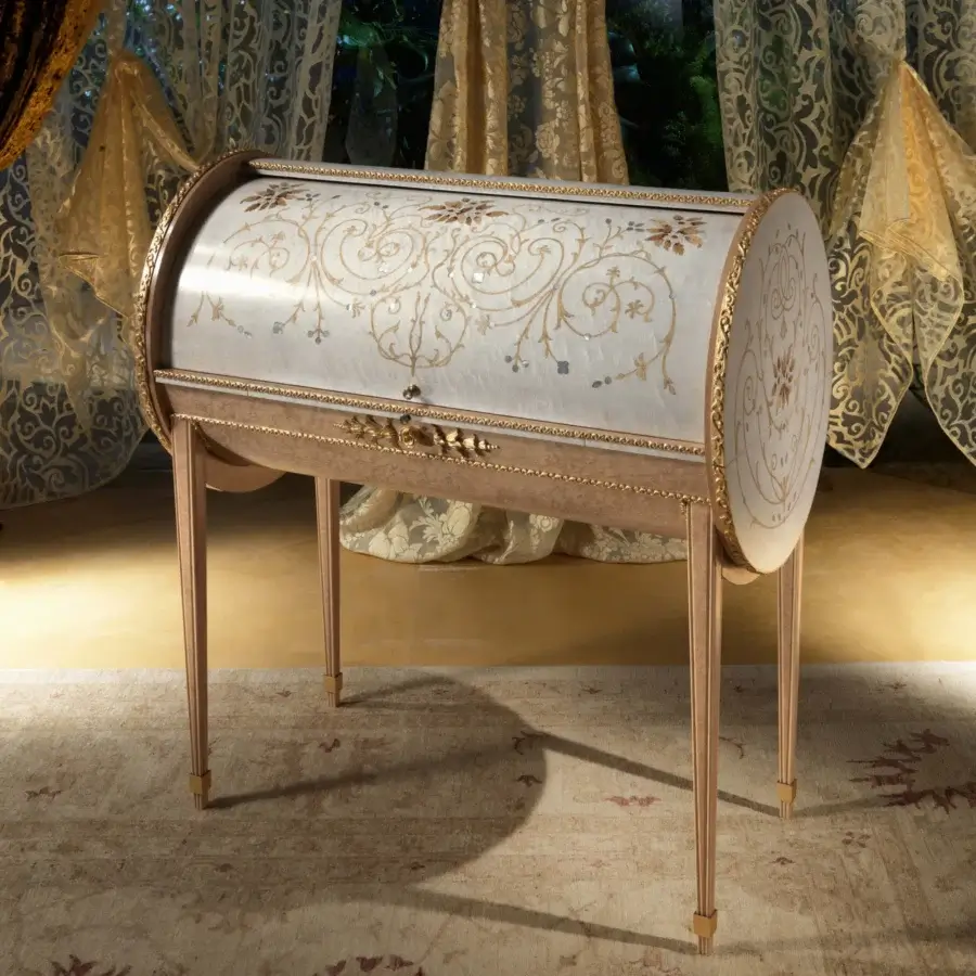 Exquisite Carpanelli Arts desk crafted with solid wood, birdseye maple inlays, creamy white finish, mother-of-pearl details and sculpted gold leaf accents