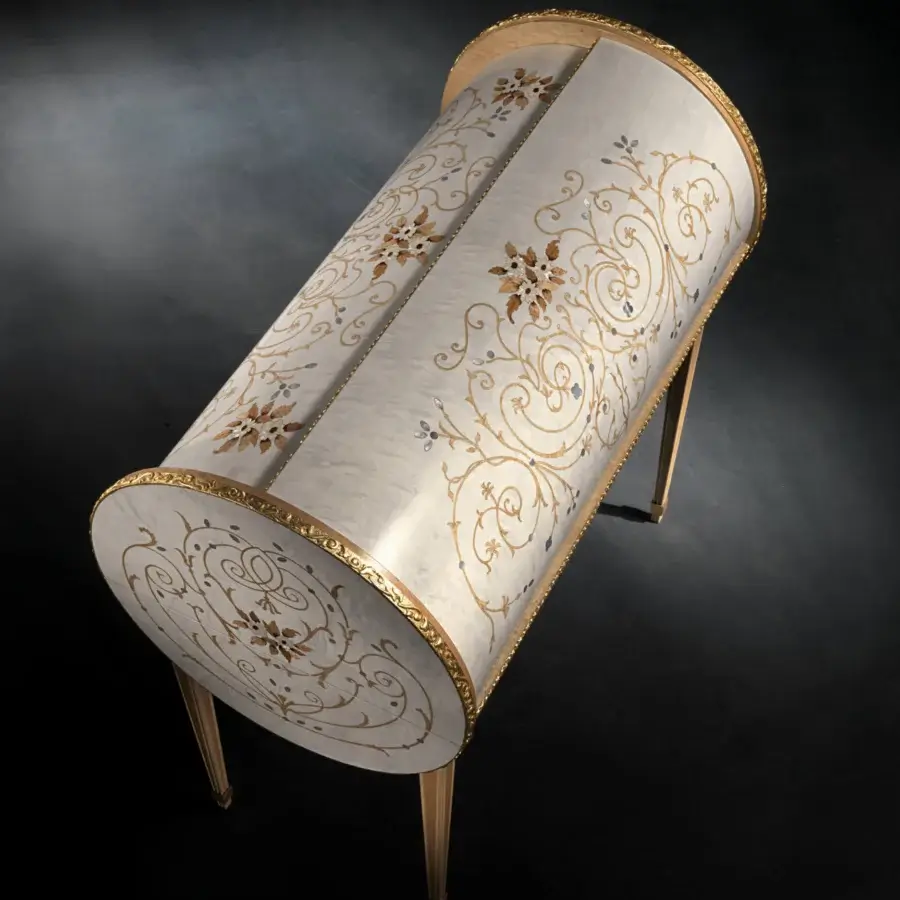 Distinguished Carpanelli Arts desk with solid wood, birdseye maple inlays, floral pattern, gilded trim and luminous satin finish