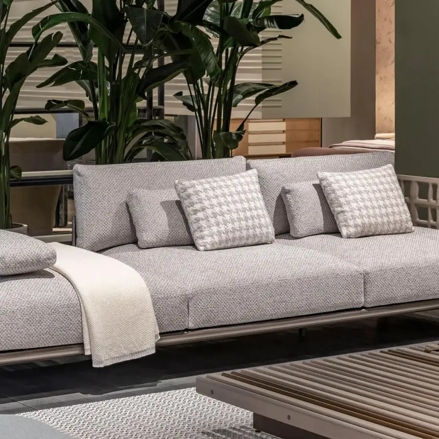 Exceptional Giorgetti Aldìa sectional with a pewter-finished metal frame and natural reconstituted birch plywood with light gray fabric upholstery