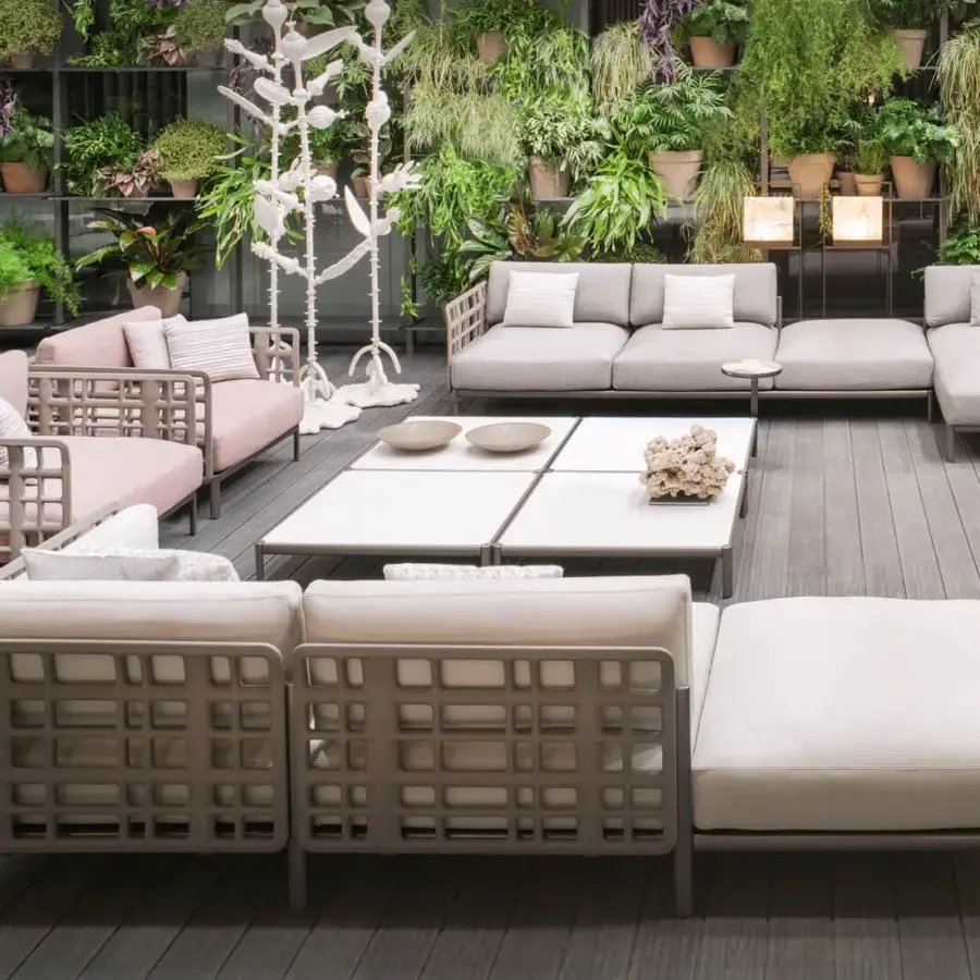 Lavish Giorgetti Aldìa sectional with a pewter-finished metal frame and reconstituted birch plywood in natural tones, upholstered in waterproof fabric