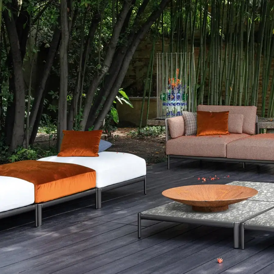 Exceptional Giorgetti Aldìa sectional with a pewter-finished metal frame and reconstituted birch plywood in natural and vibrant textiles