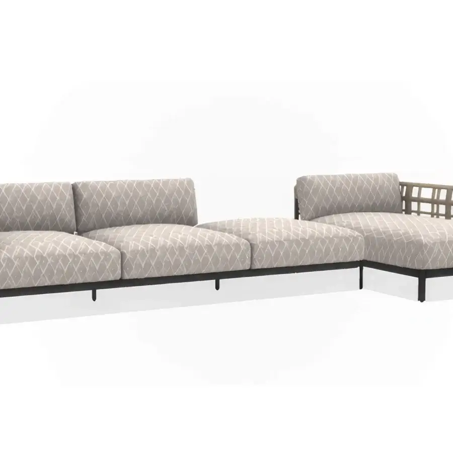 Distinguished Giorgetti Aldìa sectional with a pewter-finished metal frame, natural reconstituted birch, and beige geometric weave upholstery