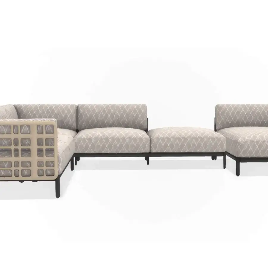 Sophisticated Giorgetti Aldìa sectional with a pewter-finished metal frame and natural reconstituted birch plywood, upholstered in textured neutral beige fabric
