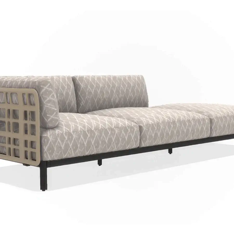 Exceptional Giorgetti Aldìa sectional with a pewter-finished metal frame and natural reconstituted birch plywood, upholstered in muted beige textile