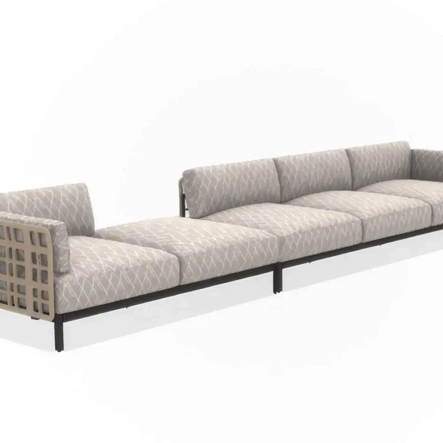 Lavish Giorgetti Aldìa sectional with a pewter-finished metal frame and natural reconstituted birch plywood, upholstered in muted beige fabric