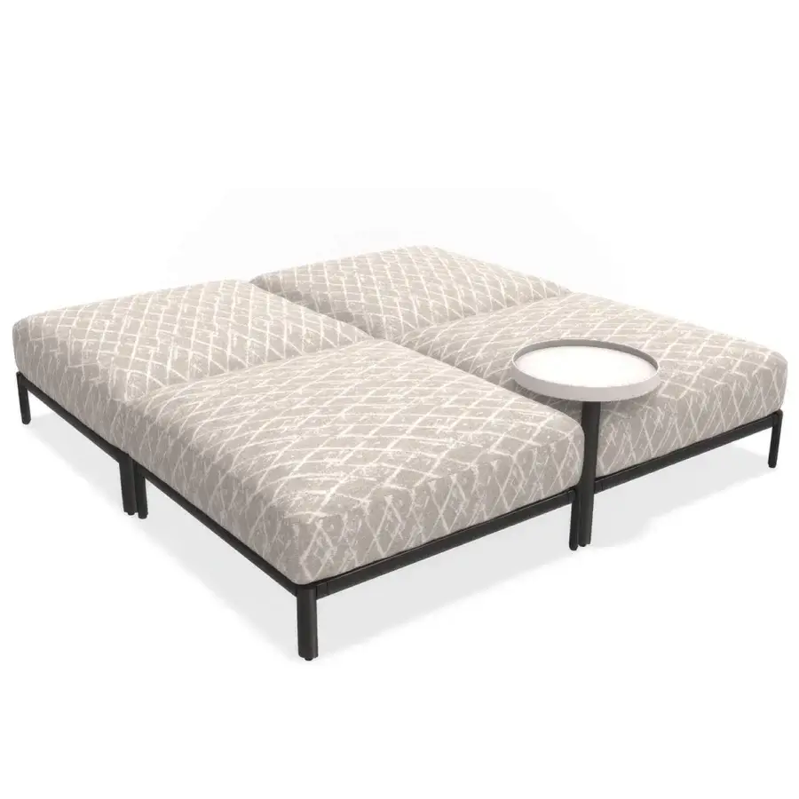 Distinguished Giorgetti Aldìa sectional with a pewter-finished metal frame, natural reconstituted birch plywood, and light beige patterned upholstery