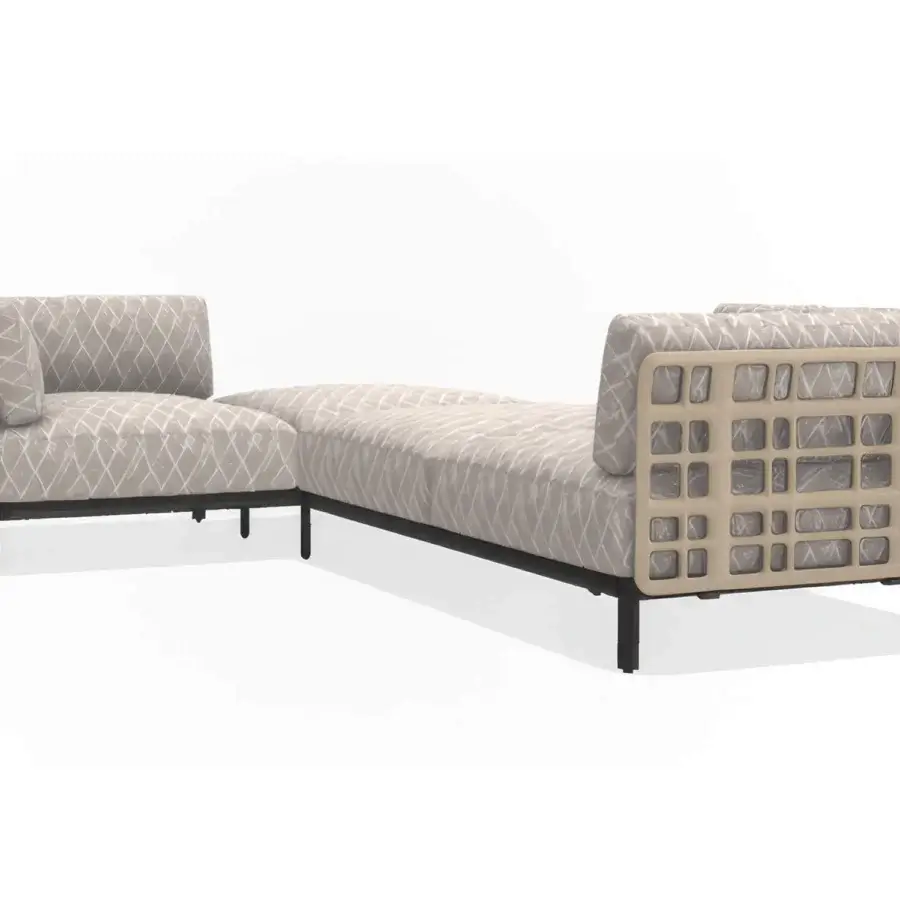 Sophisticated Giorgetti Aldìa sectional with a pewter-finished metal frame and natural reconstituted birch plywood accents, upholstered in textured neutral beige fabric