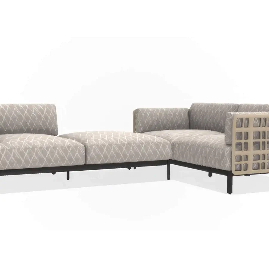 Exceptional Giorgetti Aldìa sectional with a pewter-finished metal frame and natural reconstituted birch plywood, upholstered in muted beige textile