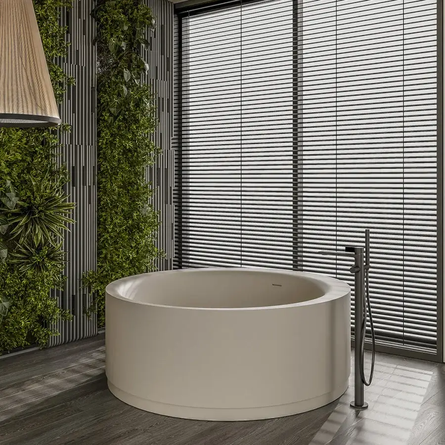 Distinguished Norah Design RNBT 01 bathtub sculpted in Norahcryl with a velvety matte texture and uniform light beige coloration