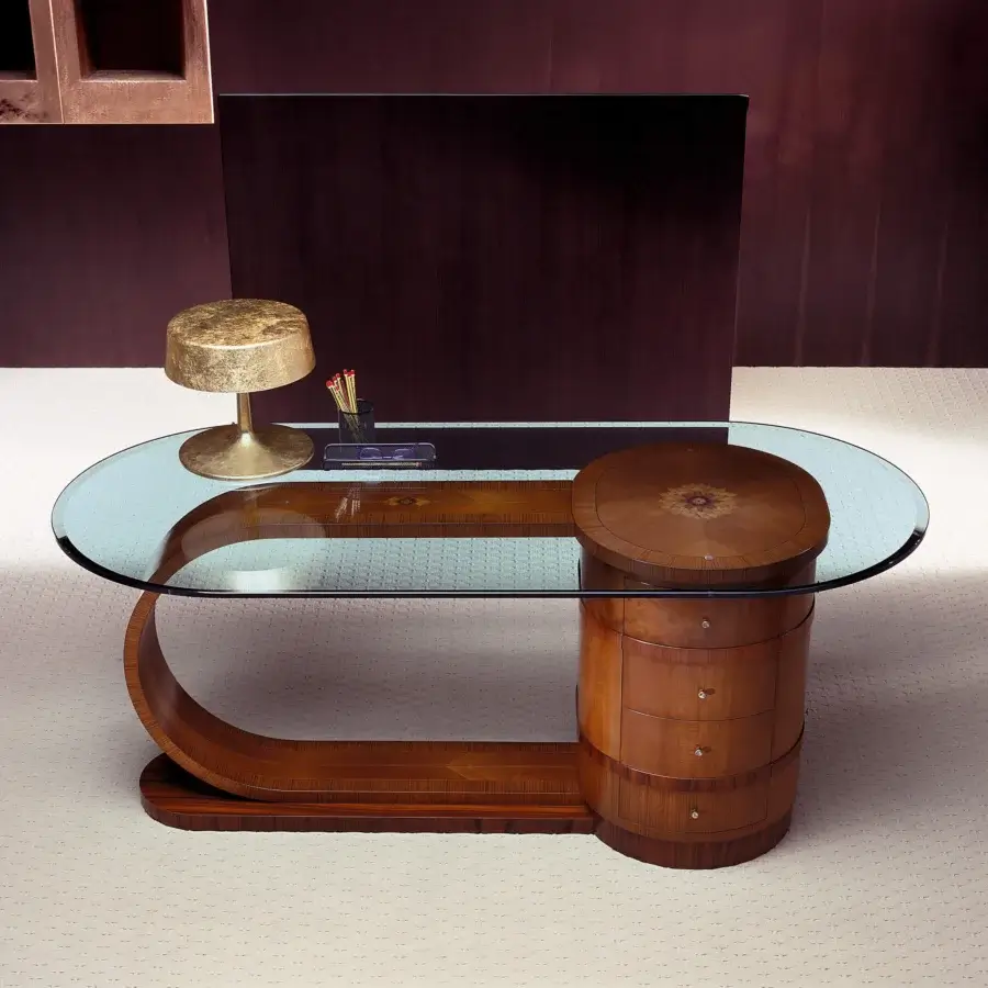 Refined Carpanelli Zebrano desk with a glossy dark brown wood base and sleek glass tabletop offering integrated drawers and shelves