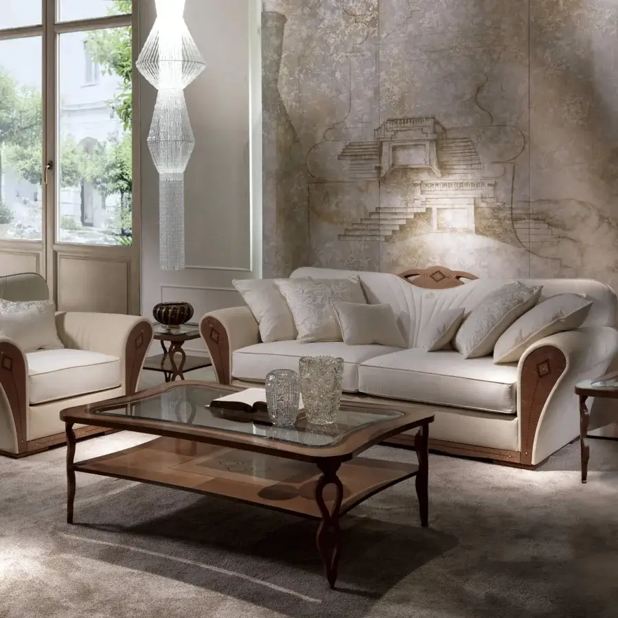 Superior Carpanelli Charme sofa upholstered in light beige textile with detailed wood framing and satin sheen finish