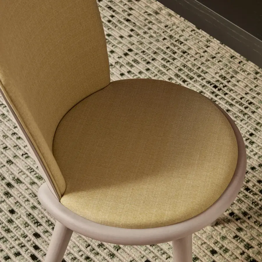 Elegant Billiani Veretta dining chair crafted in Italy with golden-yellow textile upholstery and satin beechwood finish
