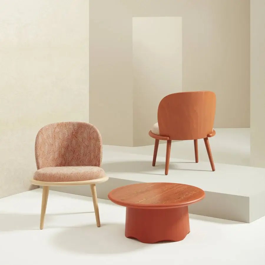 Exceptional Billiani Veretta lounge chair with curved solid beechwood and orange-brown patterned textile upholstery