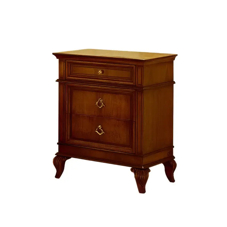 Distinguished Faber Mobili Chaumont nightstand in walnut and walnut burl with glossy finish and carved legs