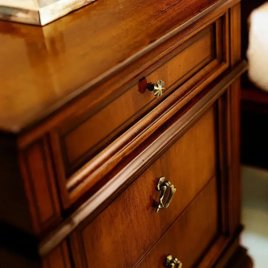 Exceptional Faber Mobili Chaumont nightstand crafted in walnut and walnut burl with glossy finish and ornate metal handles