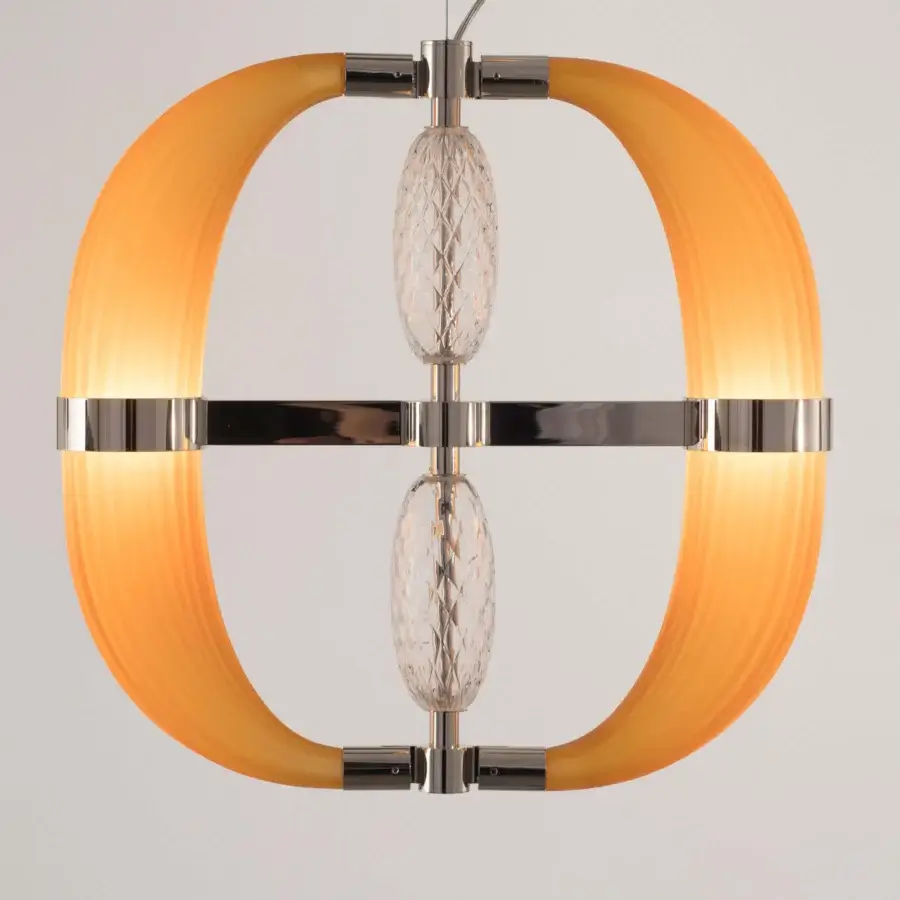 Distinguished Patrizia Garganti Coup De Foudre 02 suspension lamp in warm amber hand-blown glass with polished metal structure