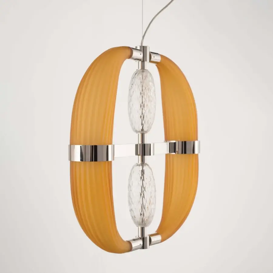 Exceptional Patrizia Garganti Coup De Foudre 02 suspension lamp with warm amber synthetic rings and clear diamond-textured glass built with a polished metal structure