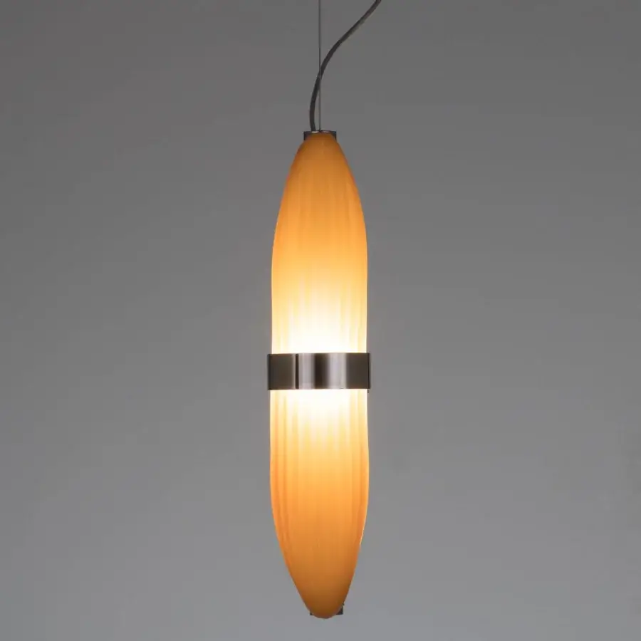 Superior Patrizia Garganti Coup De Foudre 02 suspension lamp crafted with translucent amber glass and brushed silver-grey metal structure