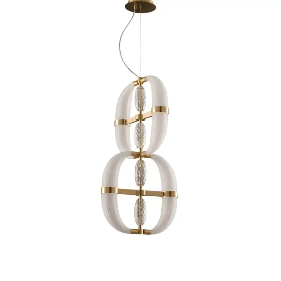 Distinctive Patrizia Garganti Coup De Foudre 03 suspension lamp unfolding with hand-blown glass and satin gold-toned metal frame