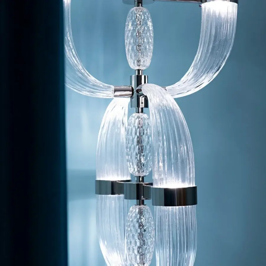 Exceptional Patrizia Garganti Coup De Foudre 03 suspension lamp in ribbed clear glass with bright silver metal supports and warm white LED lighting