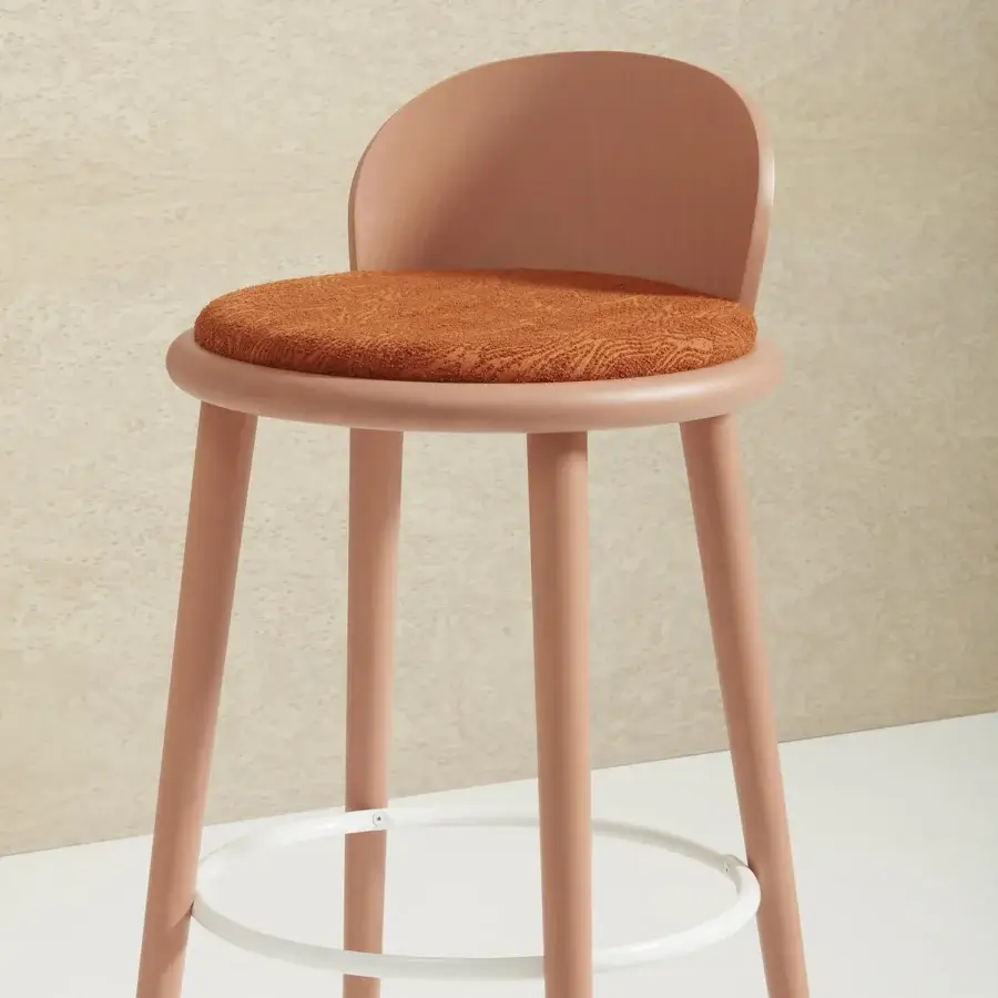 Distinguished Billiani Veretta bar stool with curved solid beechwood framing and textured orange-brown textile seating in a satin finish