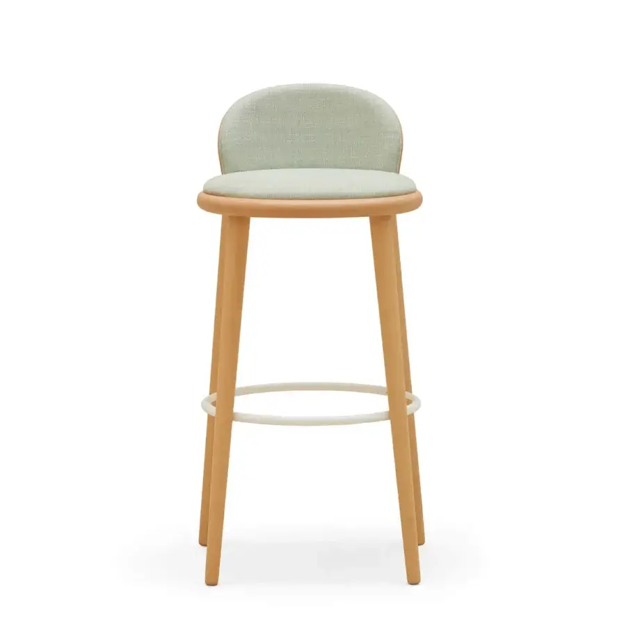 Distinctive Billiani Veretta bar stool crafted with a curved solid beechwood ring and pale green textured textile upholstery with a satin finish