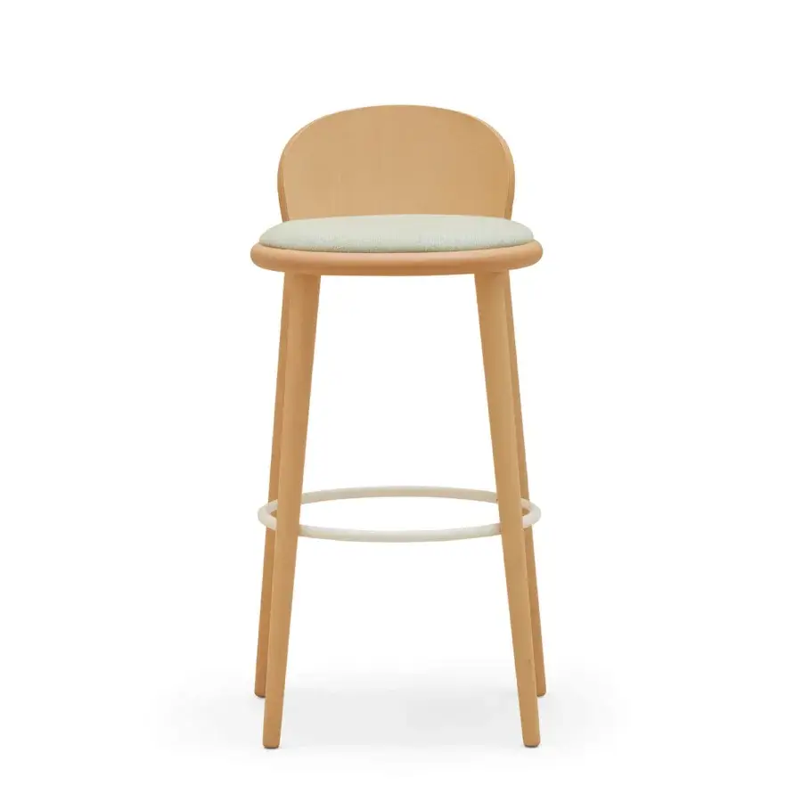 Superior Billiani Veretta bar stool in light beige beechwood with a textured light grey textile seat and satin finish