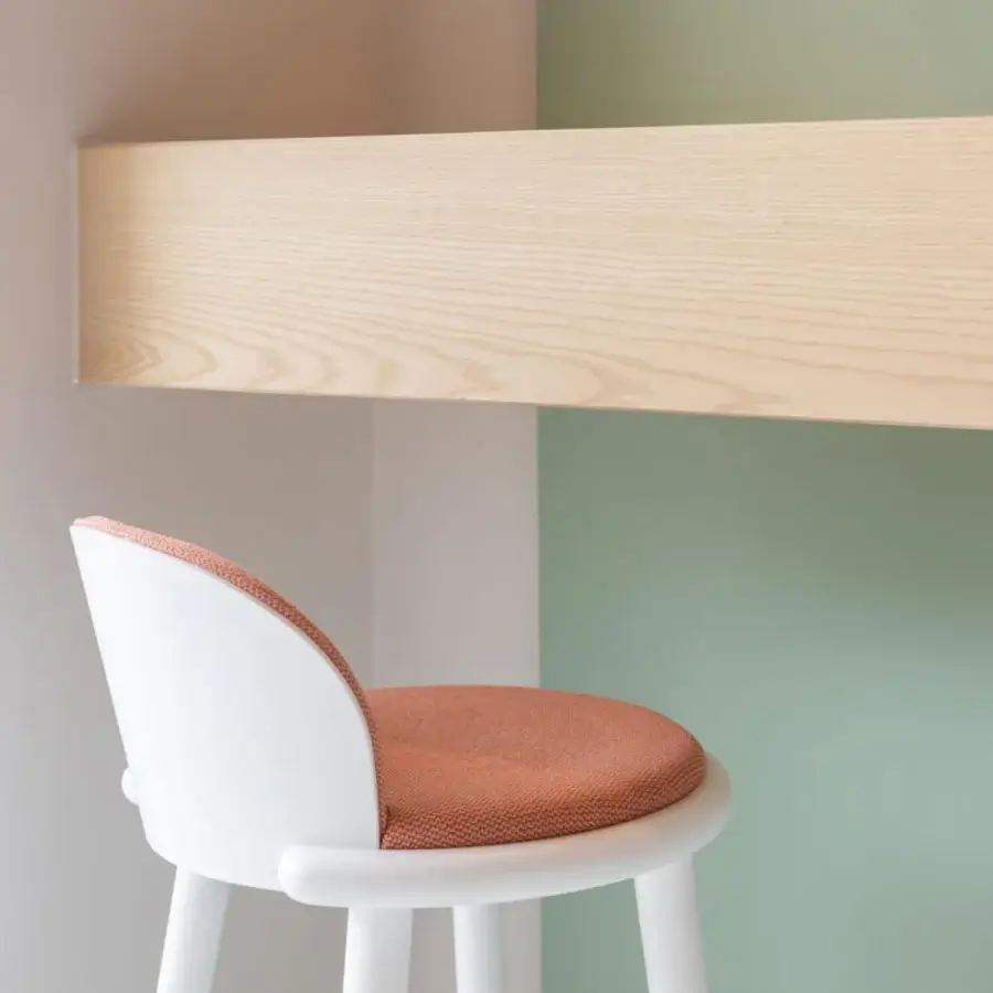 Exceptional Billiani Veretta bar stool with coral textile upholstery and white satin finished solid beechwood frame