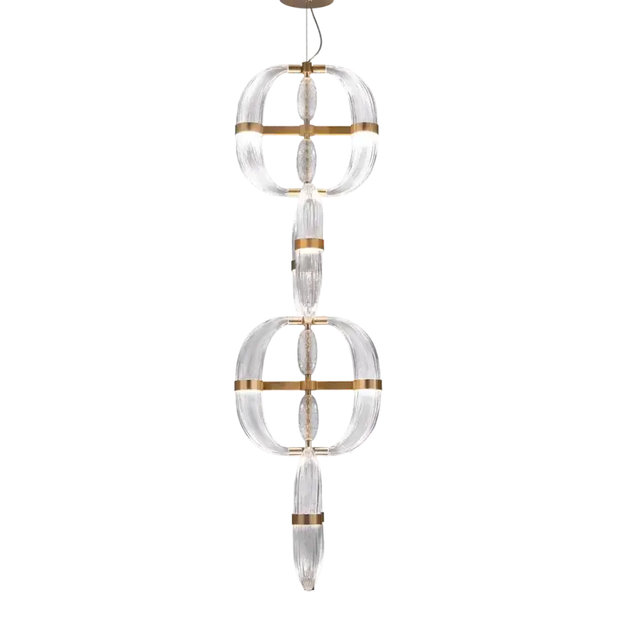 Distinguished Patrizia Garganti Coup De Foudre 04 suspension lamp in clear glass and light-toned metal with satin finish and gold accents