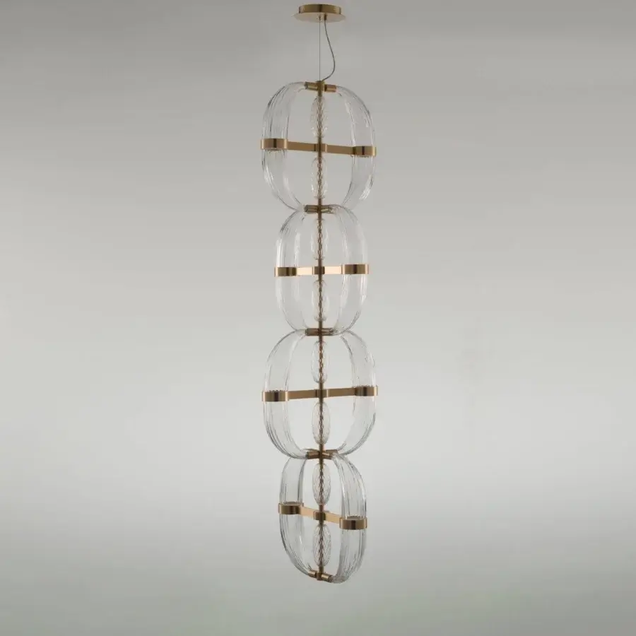 Exceptional Patrizia Garganti Coup De Foudre 04 suspension lamp with hand-blown glass and satin gold-toned metal frame