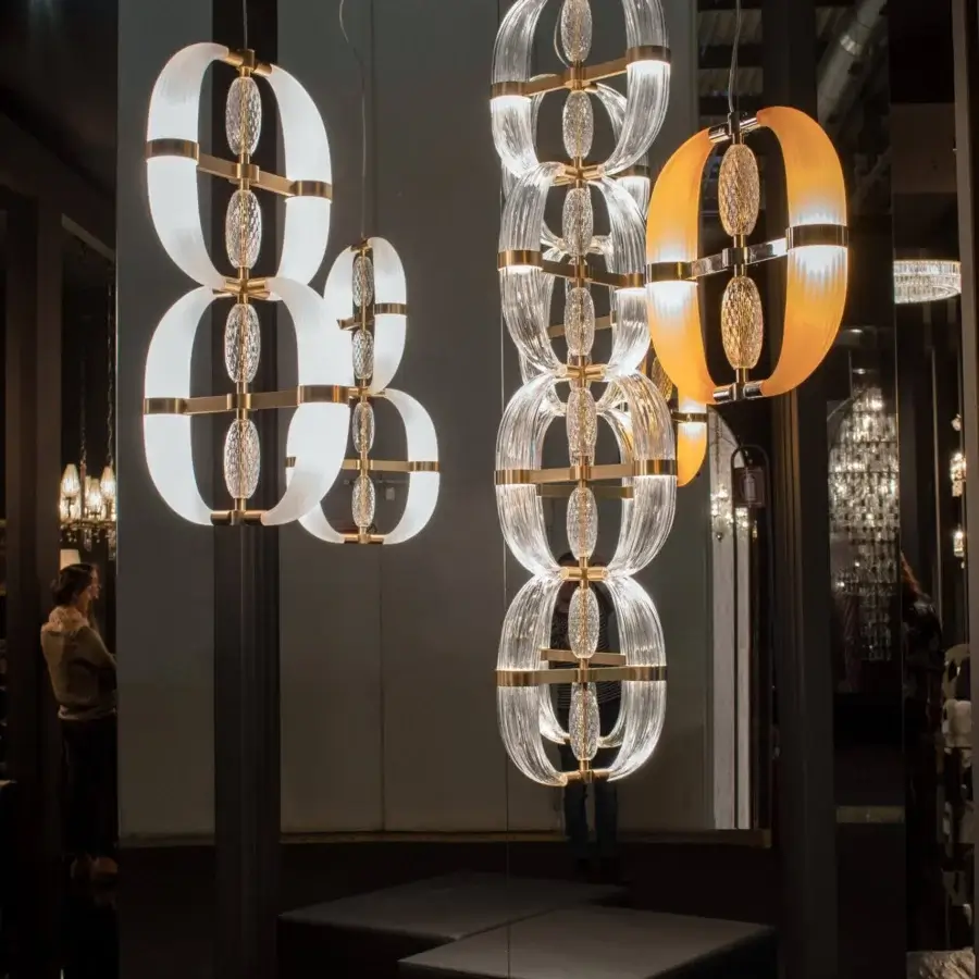 Exceptional Patrizia Garganti Coup De Foudre 04 suspension lamp in translucent hand-blown glass with polished golden-toned metal details