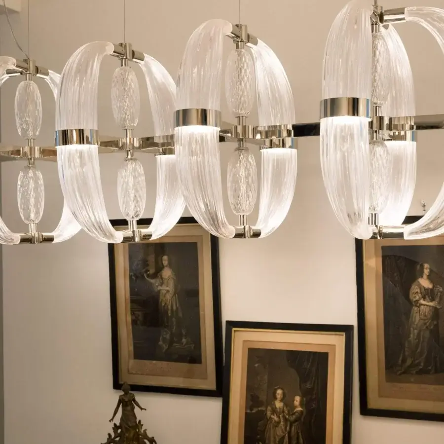 Exceptional Patrizia Garganti Coup De Foudre 05 suspension lamp crafted in hand-blown glass and polished metal with dimmable LED technology