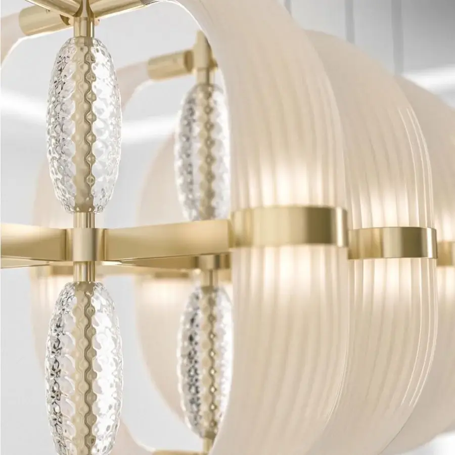 Superior Patrizia Garganti Coup De Foudre 05 suspension lamp with hand-blown glass elements and polished gold-tone metal structure