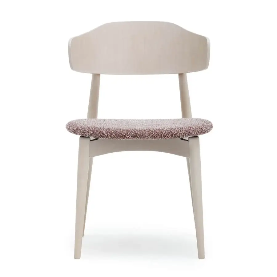 Elegant Billiani Flow dining chair built in light-toned wood with speckled beige and reddish-brown textile and satin finish