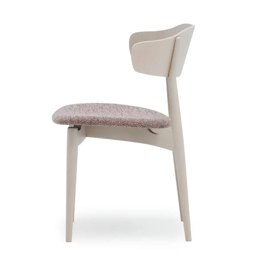 Superior Billiani Flow dining chair built in wood with a light satin finish and speckled brown textile upholstery