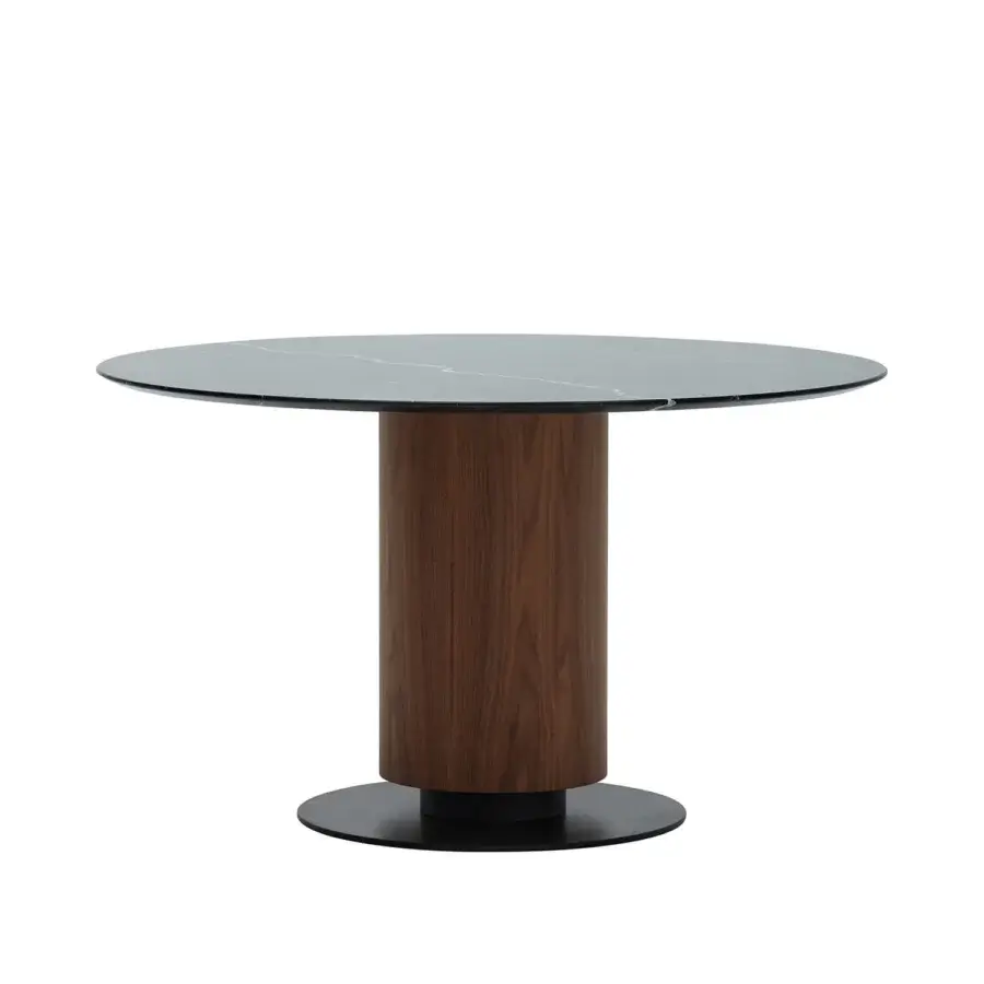 Exceptional Billiani Colonna dining table with circular marble top and robust solid walnut central column in matte black steel