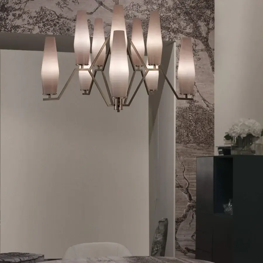 Distinguished Patrizia Garganti Frida chandelier crafted in Italy with pale beige glass shades and satin gold-toned metal structure