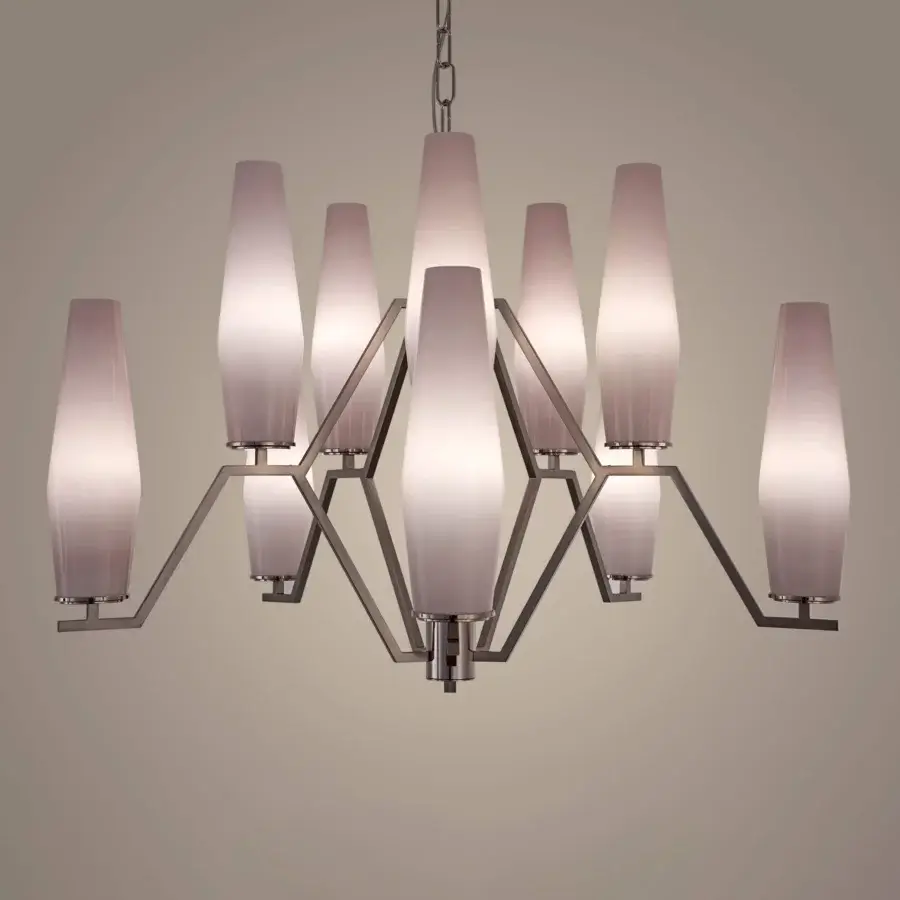Elegant Patrizia Garganti Frida chandelier with intersecting metal arms and translucent hand-blown glass shades in silver-grey finish