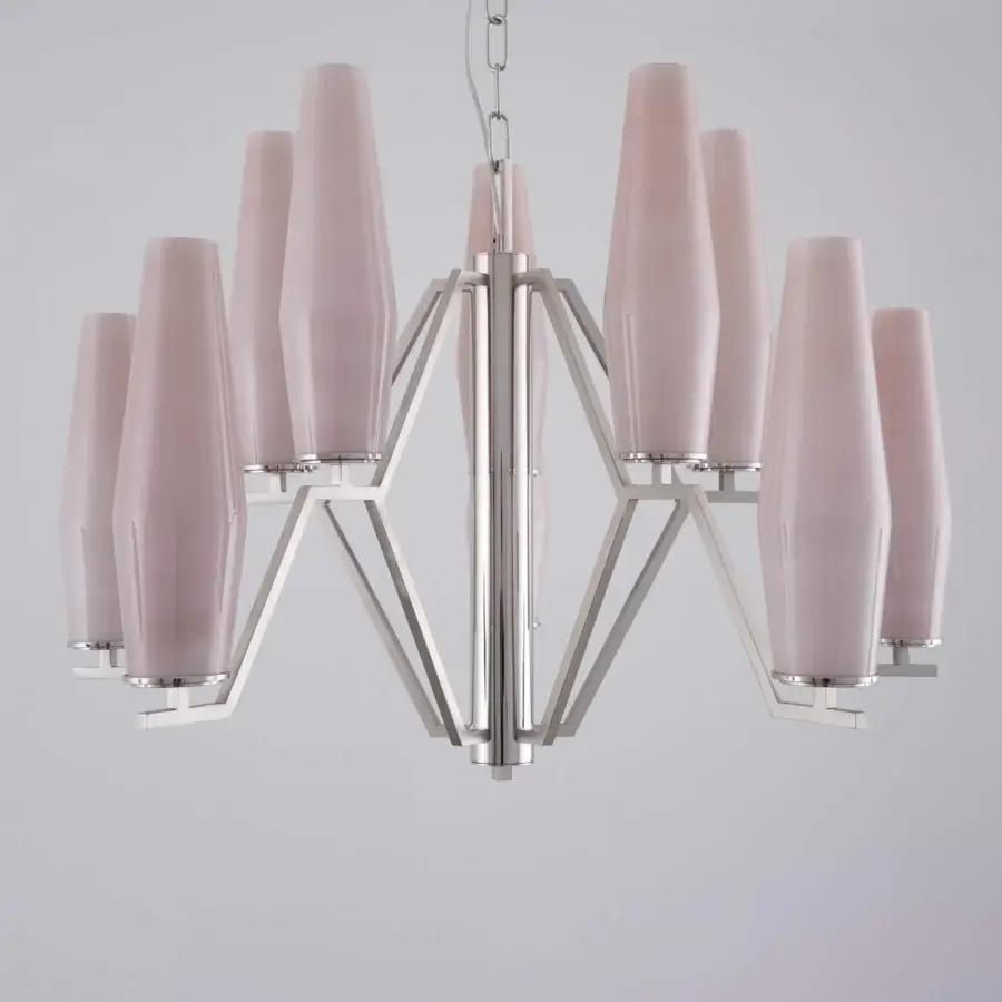 Distinguished Patrizia Garganti Frida chandelier handcrafted in Italy with rose-pink blown glass and polished metal arms