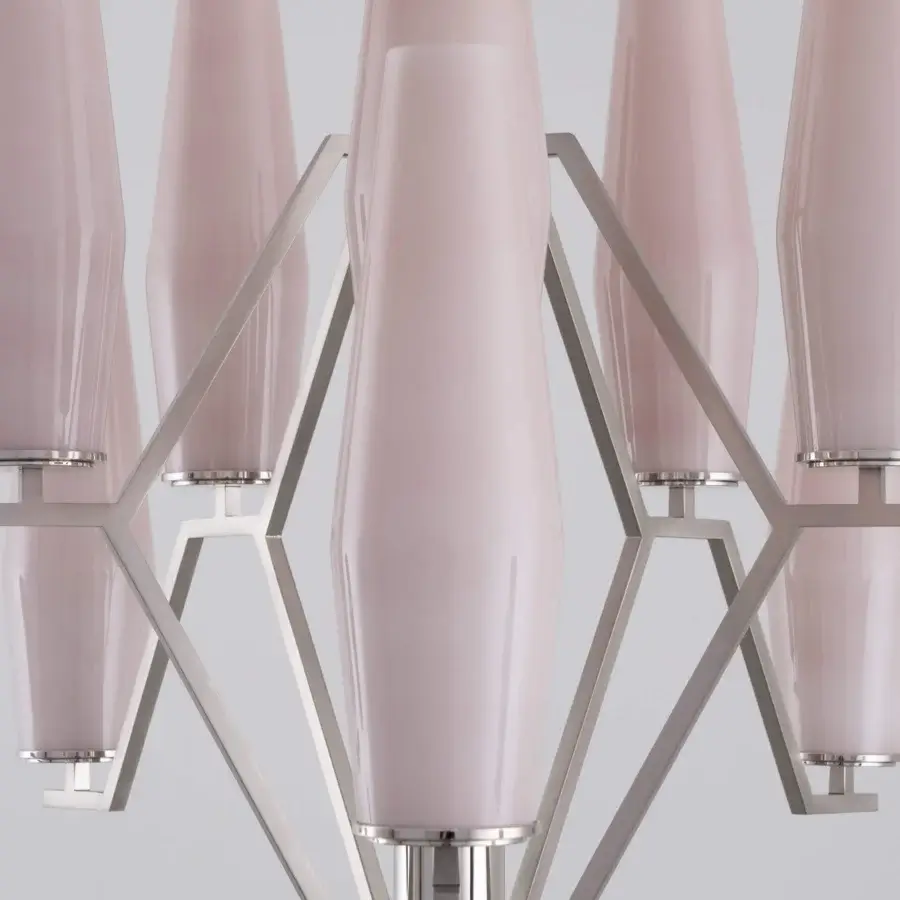 Exceptional Patrizia Garganti Frida chandelier crafted in Italy with pale pink blown glass and polished metal