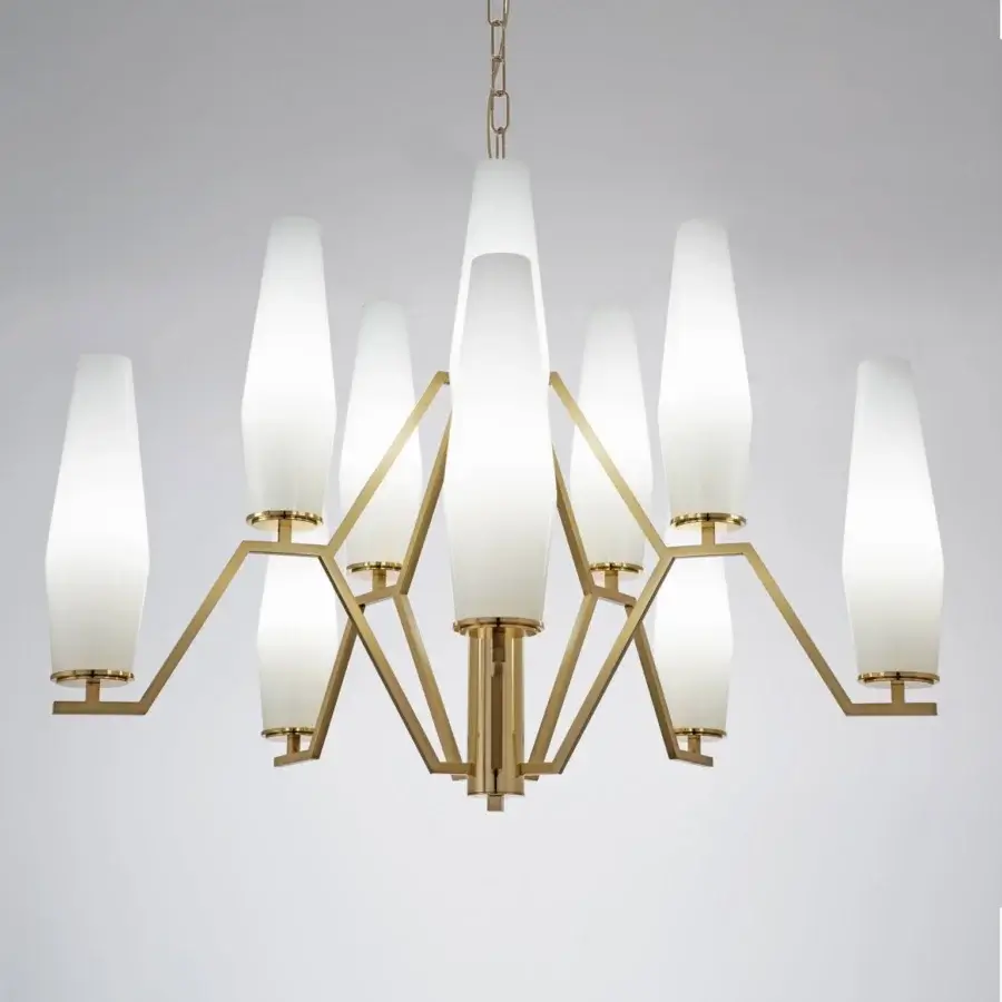Distinguished Patrizia Garganti Frida chandelier crafted in Italy with rigorously blown glass and satin brass-toned metal frame