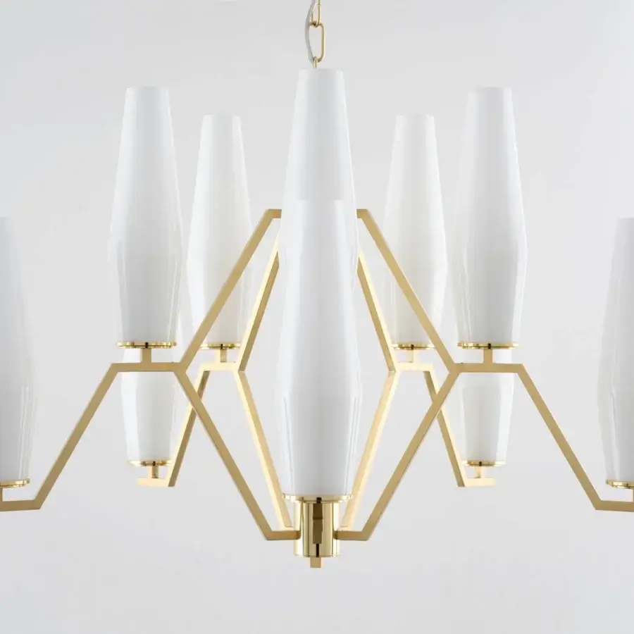 Harmonious Patrizia Garganti Frida chandelier crafted in Italy with elongated conical white shades and polished gold finish