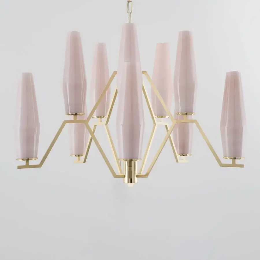 Exceptional Patrizia Garganti Frida chandelier crafted in Italy with pale pink blown glass and golden-toned metal frame