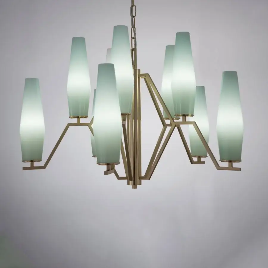 Distinguished Patrizia Garganti Frida chandelier crafted in pale green blown glass with a brass-toned metal frame